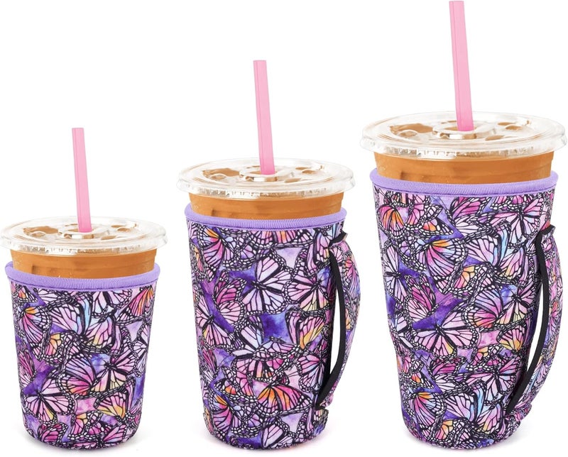 Snowso 3 Pack Iced Coffee sleeve Insulated Neoprene Cup Sleeves with handle For Cold Drinks Beverages, Reusable Cup Holder for 16oz-32oz Coffee Cups (Butterfly Galaxy) - Image 1